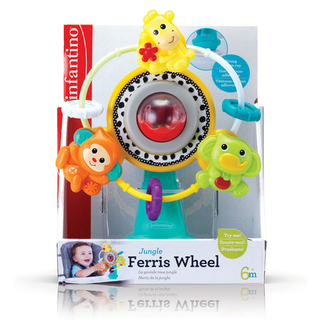 Infantino Ferris Wheel baby toy in packaging, featuring colorful animal character figures and a central rattling ball, attached to a spinning wheel.