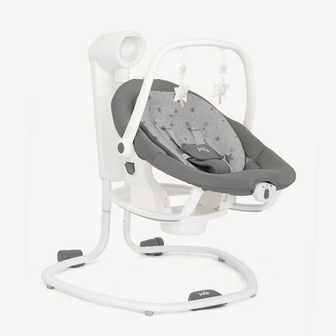 Baby swing with gray seat and white frame on a white background