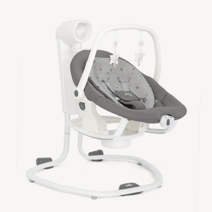 Baby swing with gray seat and white frame on a white background