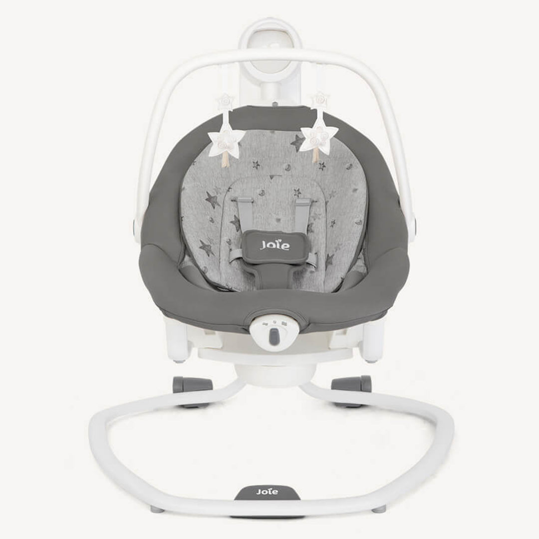 Gray baby swing with star pattern and Joie branding on a white background