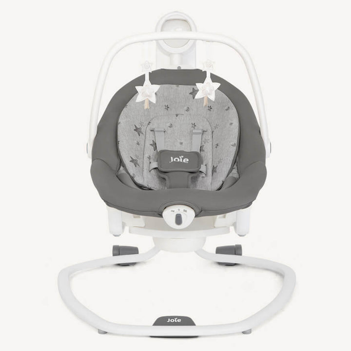 Gray baby swing with star pattern and Joie branding on a white background