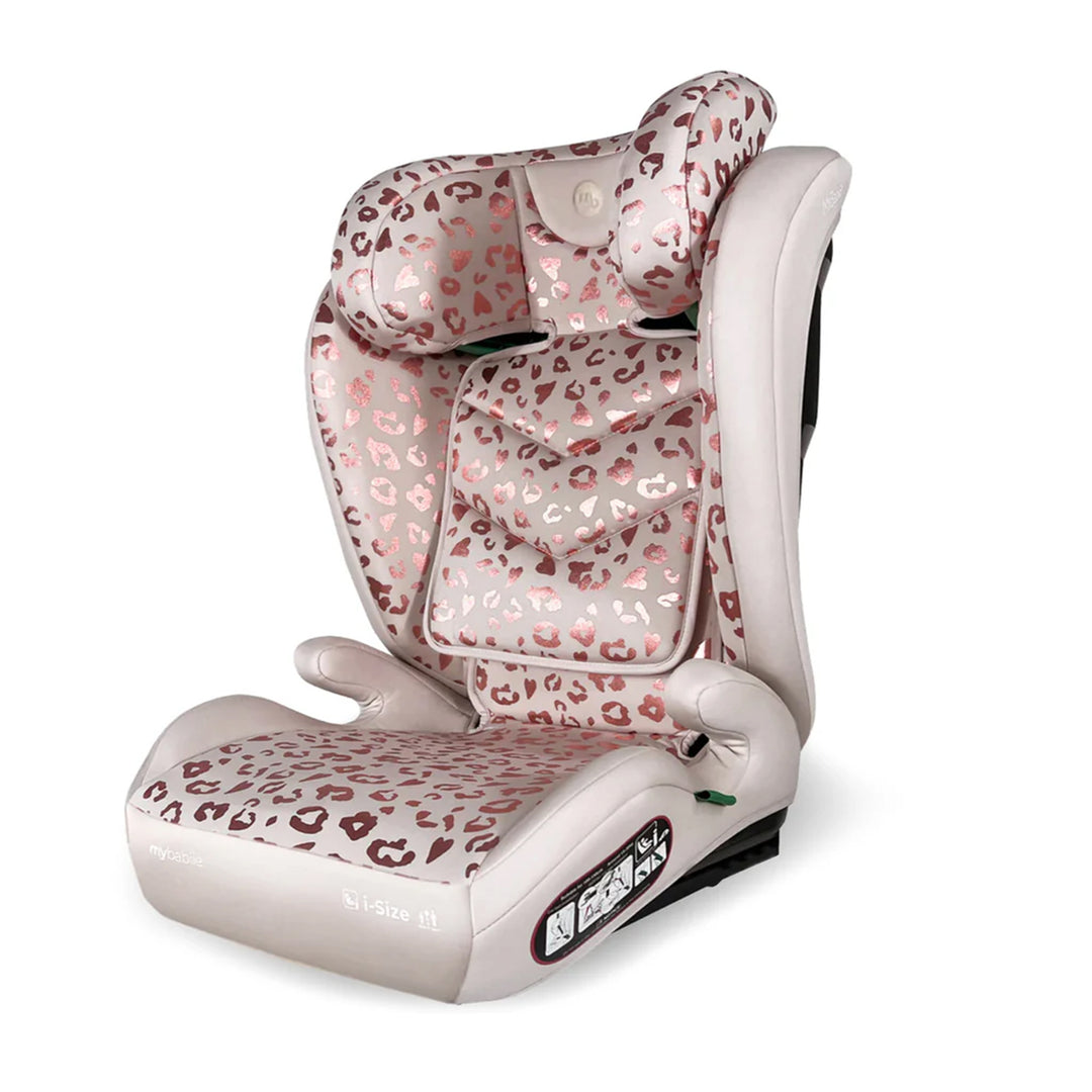 Children's car seat with pink leopard print pattern on a white background