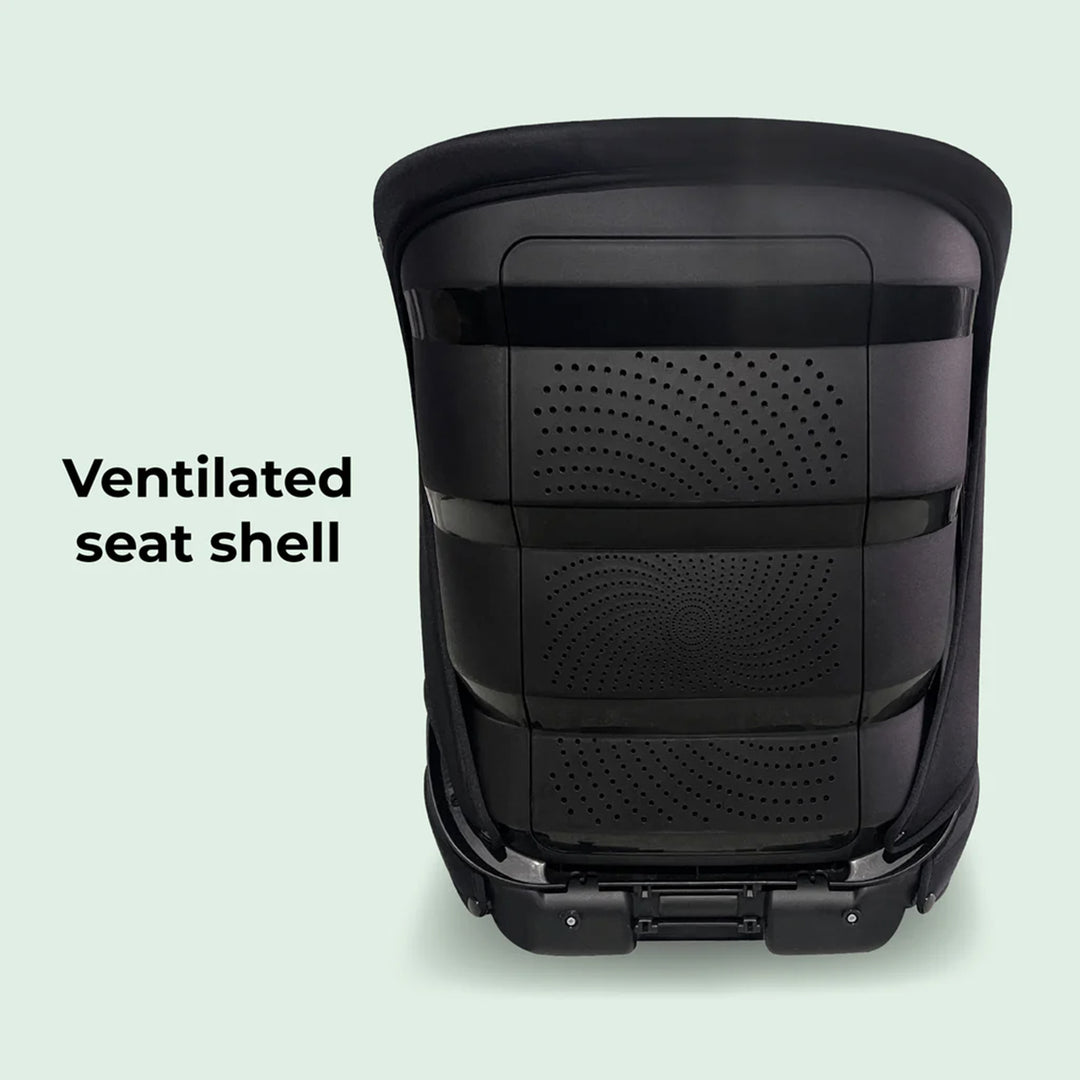 Black ventilated seat shell on a light green background with text 'Ventilated seat shell'.
