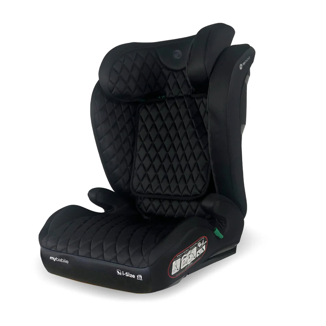 Black car seat with quilted design on a white background