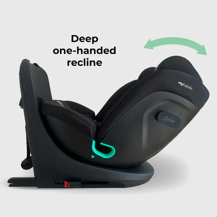 Black car seat with deep one-handed recline feature on a light gray background