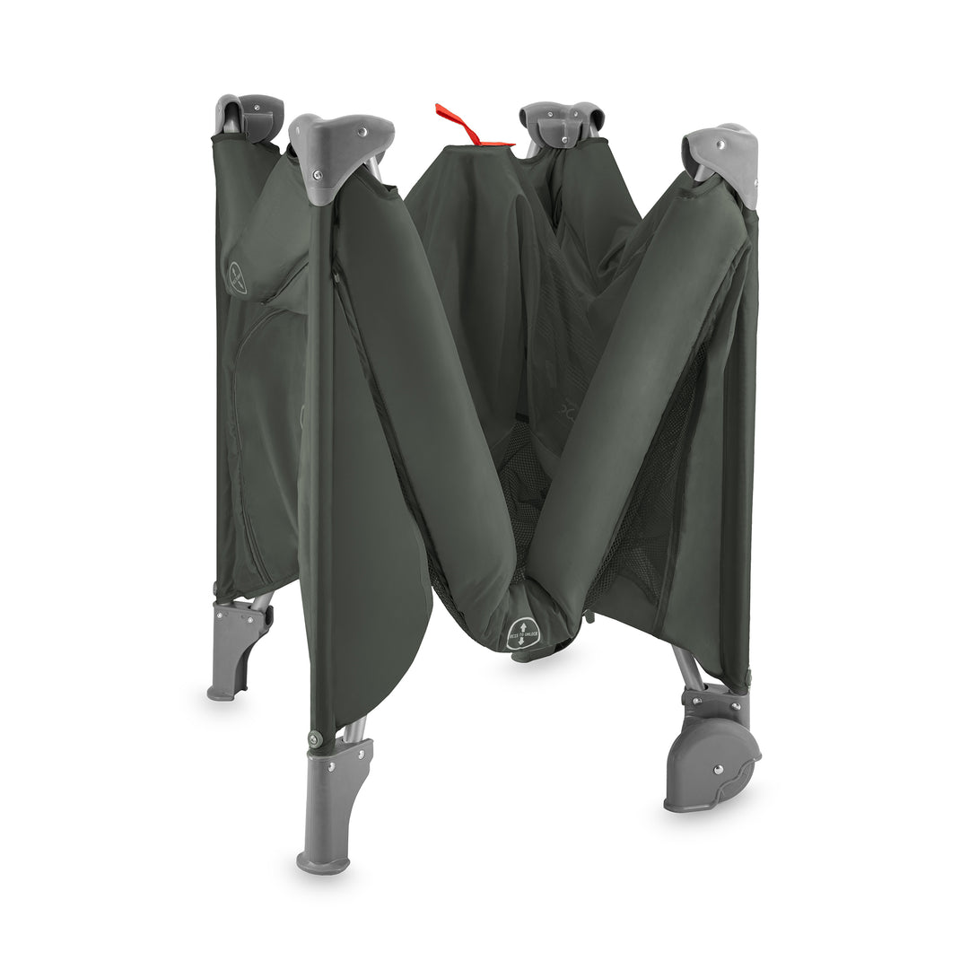 Foldable chair with black cover and gray legs on a white background