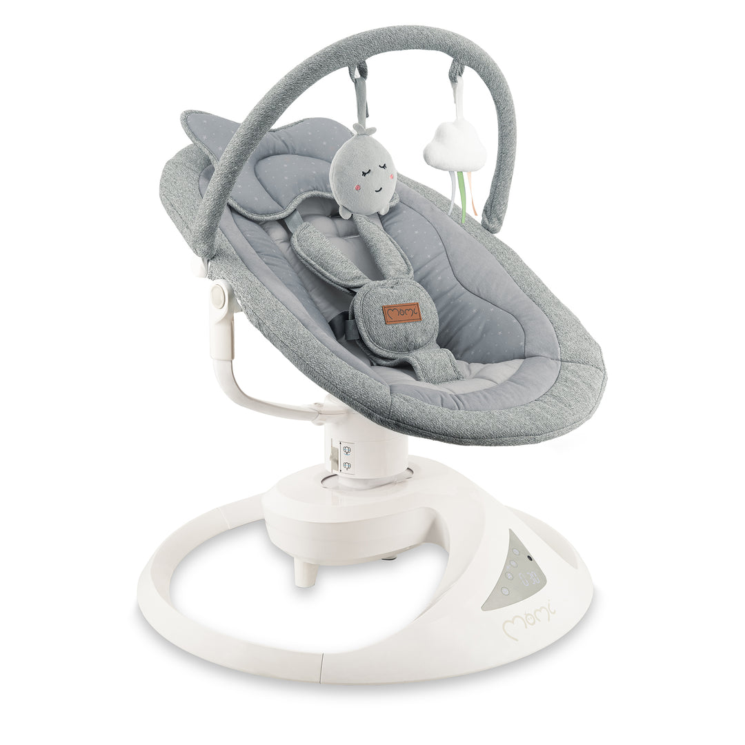 Gray baby bouncer with toy on a white background