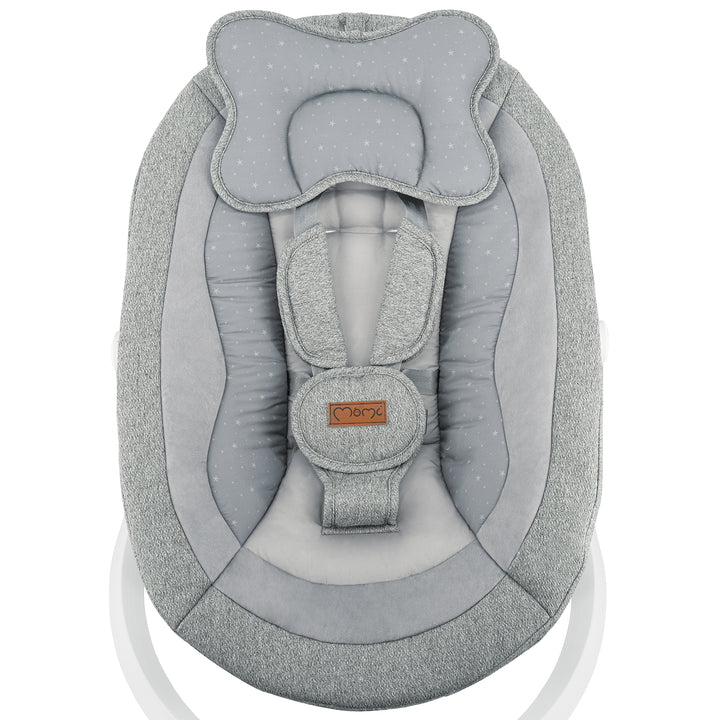 Gray baby swing with a brand logo on a white background