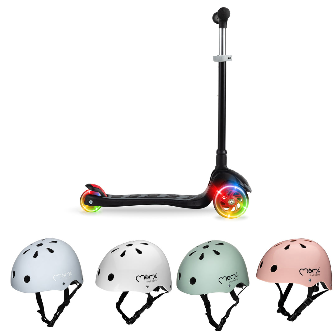 A Momi Vivio scooter with LED lights on the wheels and four helmets in different colors displayed separately.