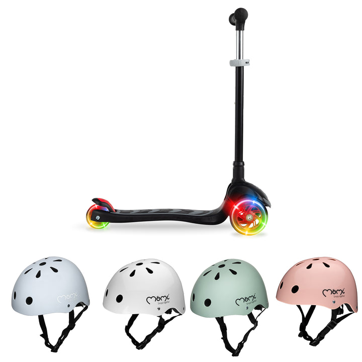 A Momi Vivio scooter with LED lights on the wheels and four helmets in different colors displayed separately.