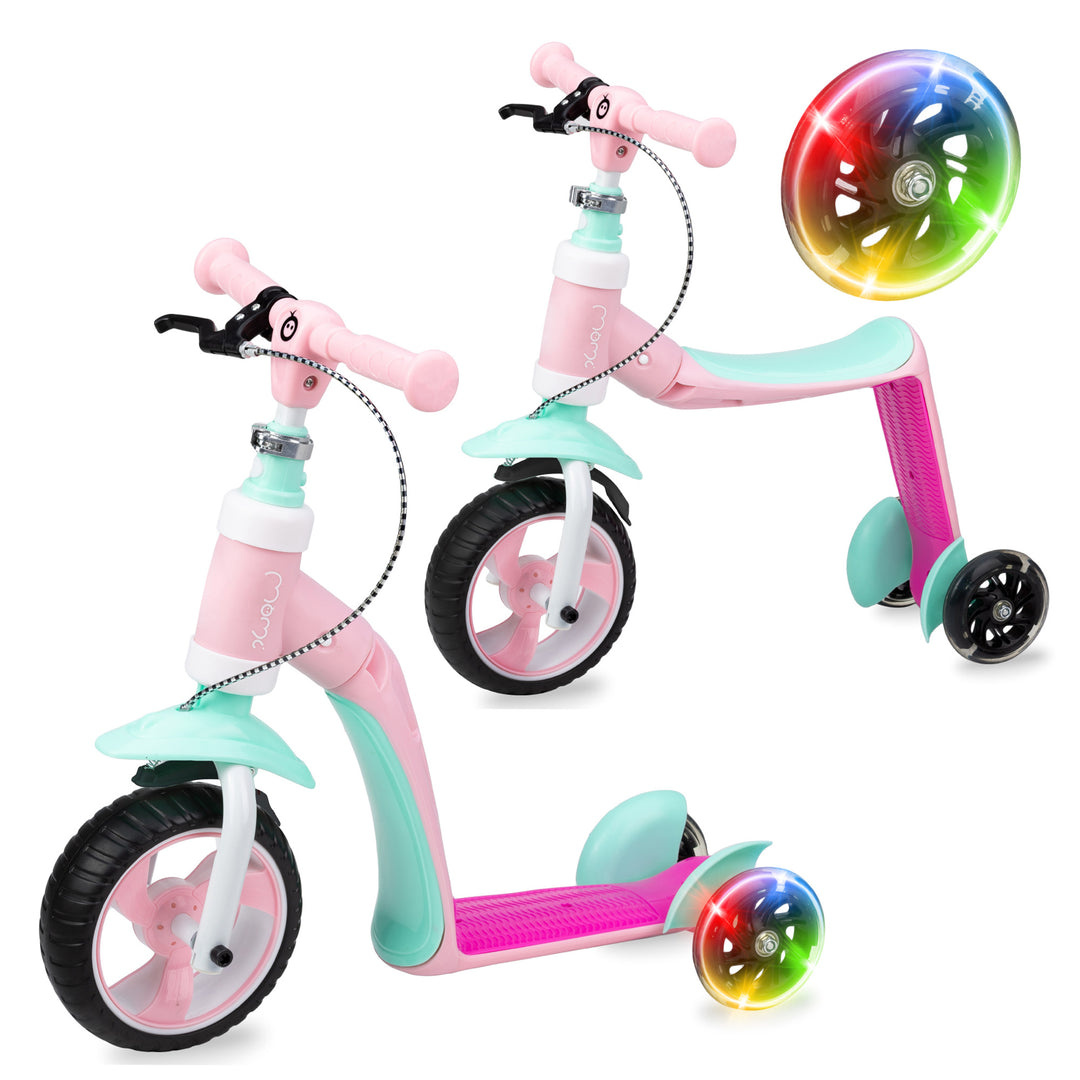 A Momi Elios Scooter Bike designed for toddlers, featuring a black and gray frame with orange wheels, and a multicolored light-up feature on the wheel.