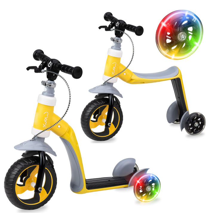 A Momi Elios Scooter Bike designed for toddlers, featuring a black and gray frame with orange wheels, and a multicolored light-up feature on the wheel.