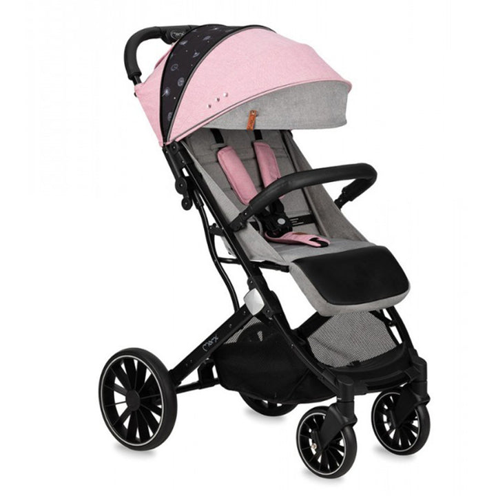 A compact and lightweight Momi Estelle Dakar Stroller with black and gray color scheme, featuring a wooden frame and four wheel foam wheels.