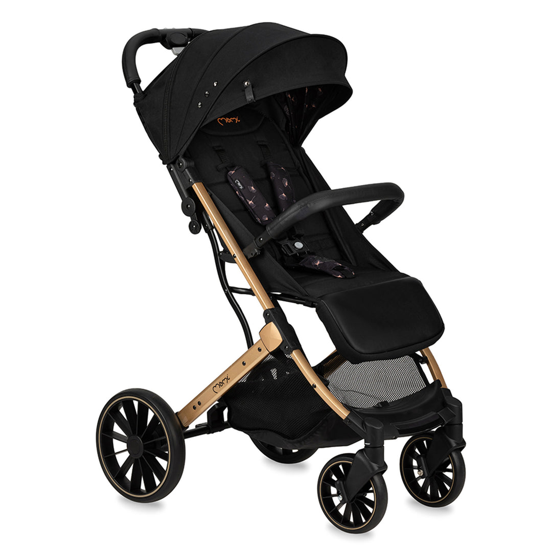 A compact and lightweight Momi Estelle Dakar Stroller with black and gray color scheme, featuring a wooden frame and four wheel foam wheels.