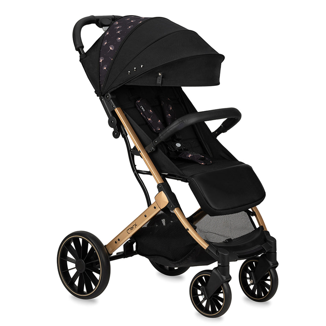 Momi black and gold stroller on a white background