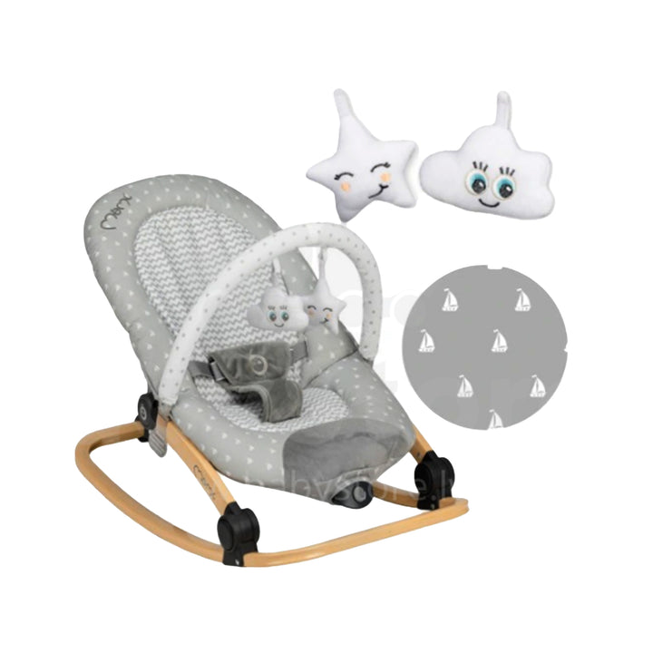 Baby bouncer with gray and white pattern, accompanied by two plush toys and a mat on a white background.