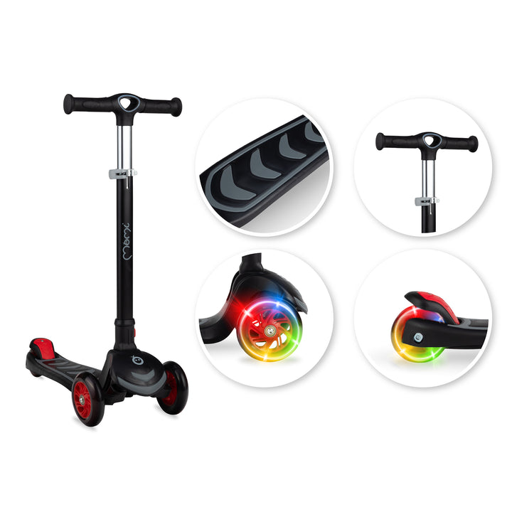 Momi black scooter with red wheels on a hite background