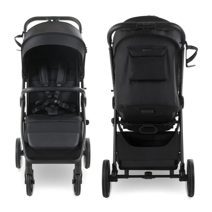 Black stroller shown from front and side views on a white background