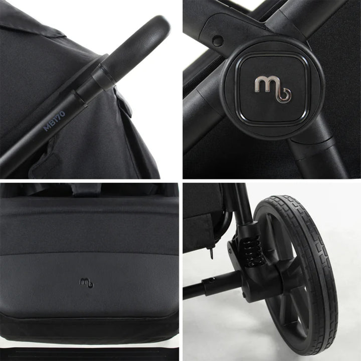 Close-up of a black stroller with a brand logo on a white background