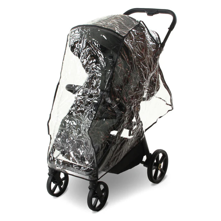 Black stroller with a clear rain cover on a white background