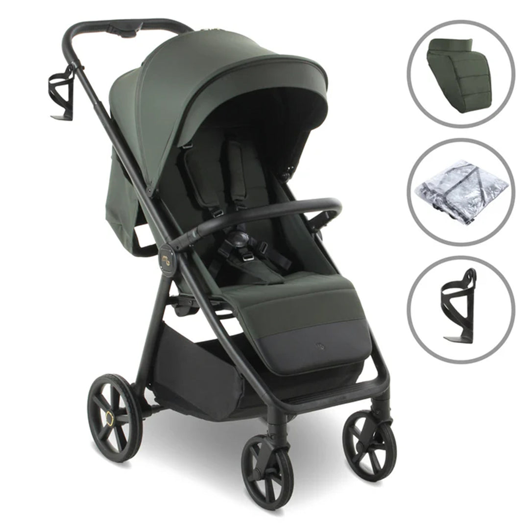 Green stroller with accessories on a white background