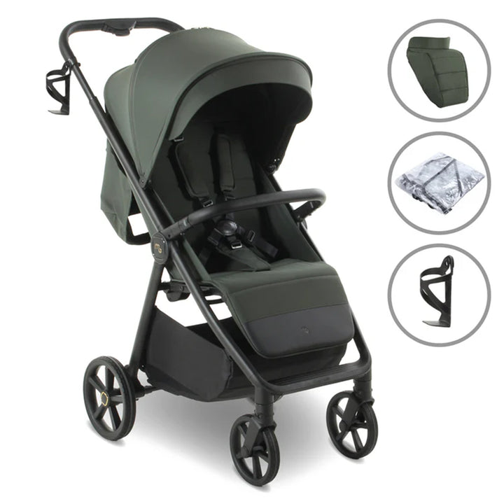 Green stroller with accessories on a white background
