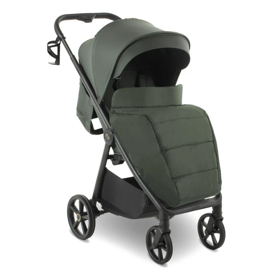 Green baby stroller on a white background