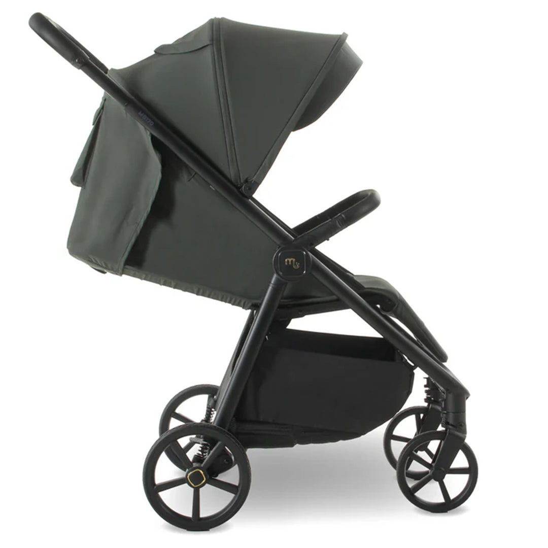 Black stroller with a folded canopy on a white background