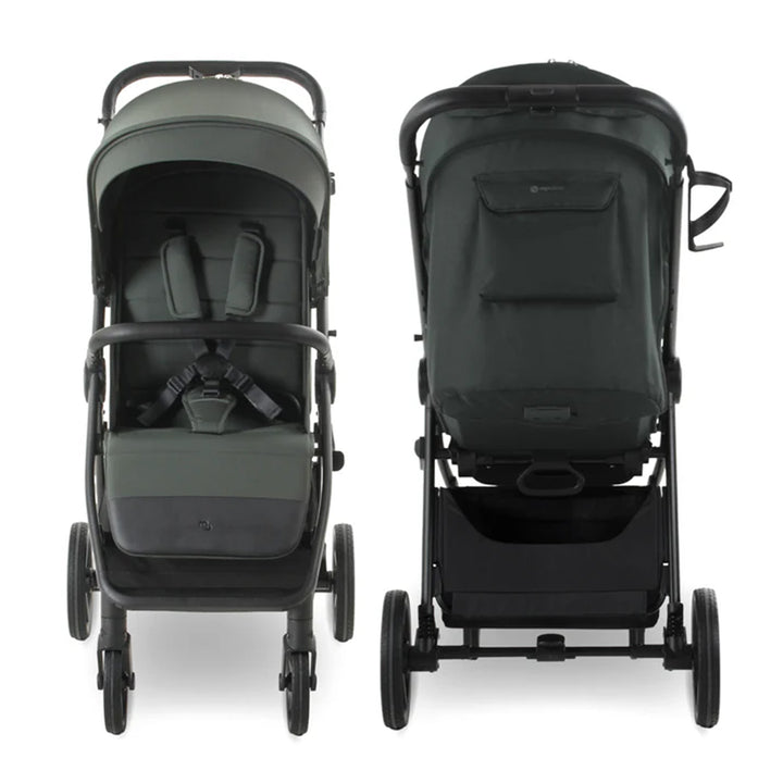 Two strollers, one in gray and the other in black, on a white background.
