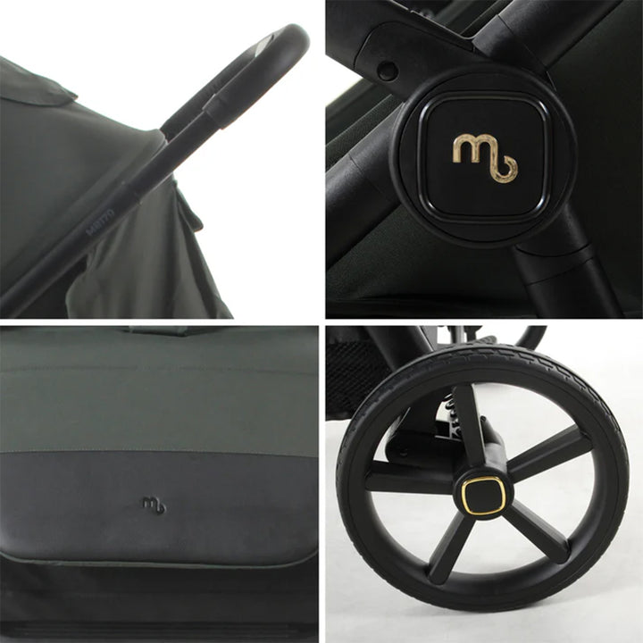 Collage of a black stroller with gold accents, including handle, wheel, and brand logo.