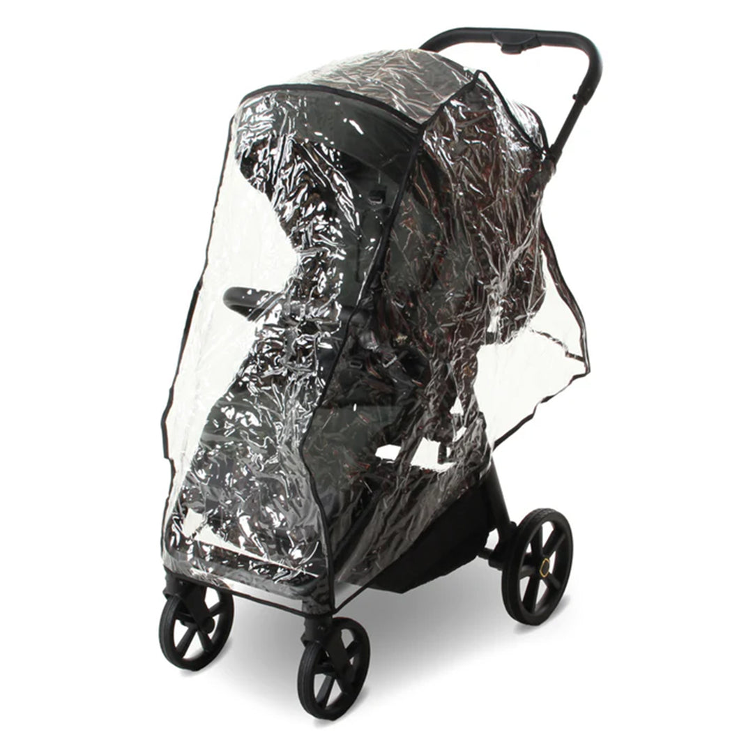 Black stroller with a clear rain cover on a white background