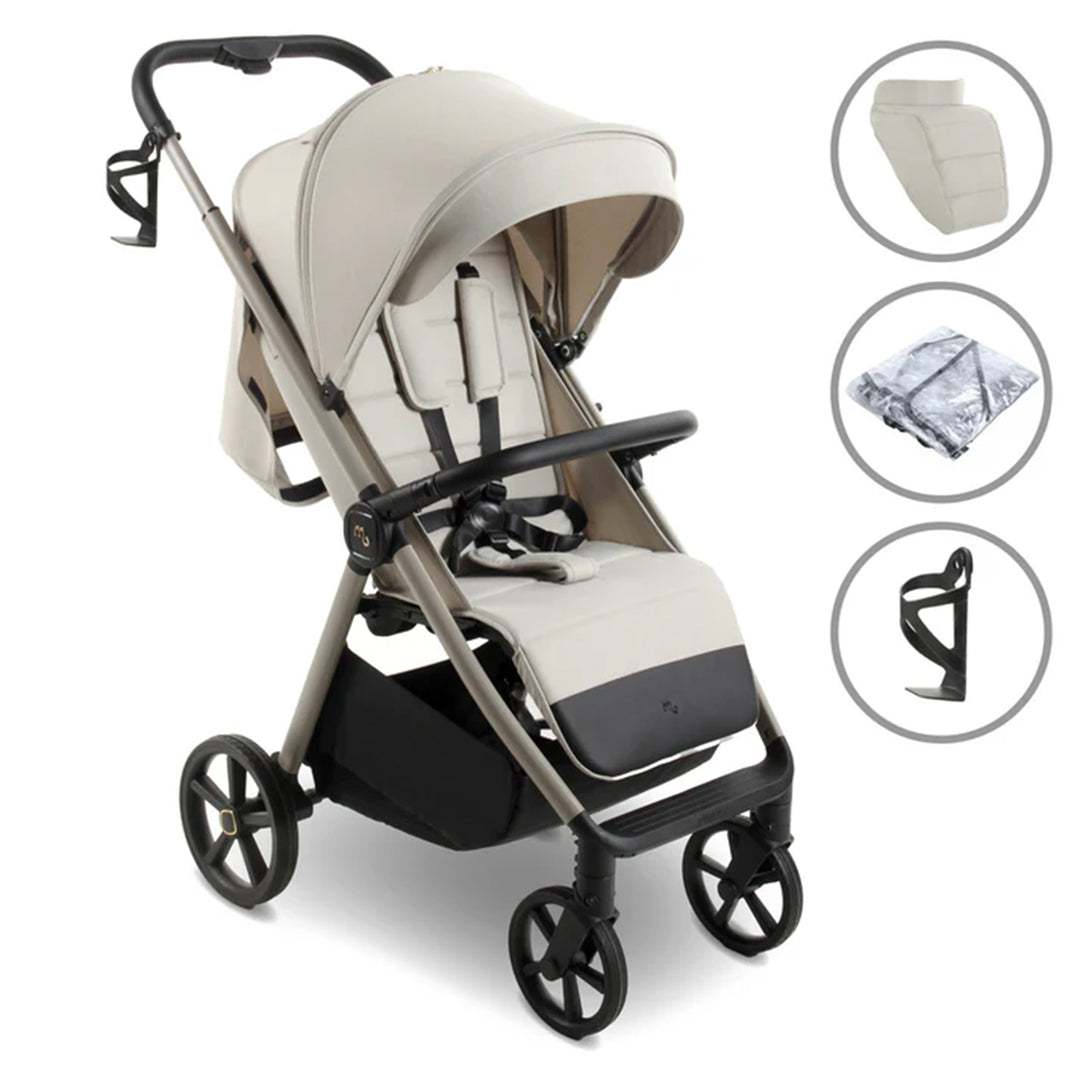 Beige stroller with accessories on a white background