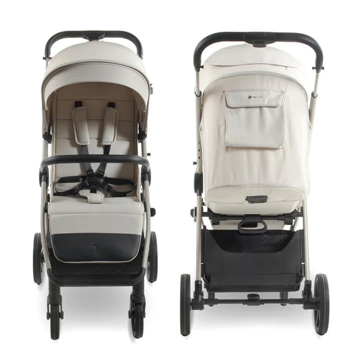 Beige and black stroller shown from front and side views on a white background