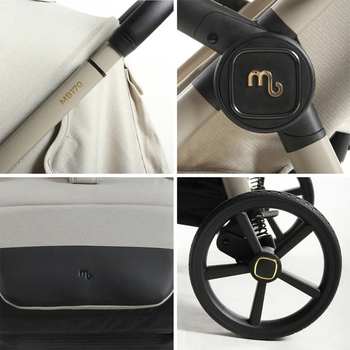 Collage of a stroller with close-up details on beige background