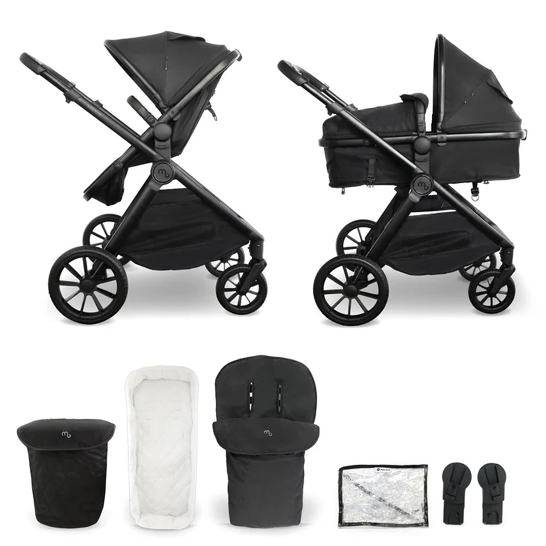 Black baby stroller set with accessories on a white background