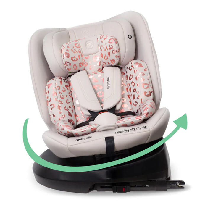 Baby car seat with pink leopard print pattern on a white background