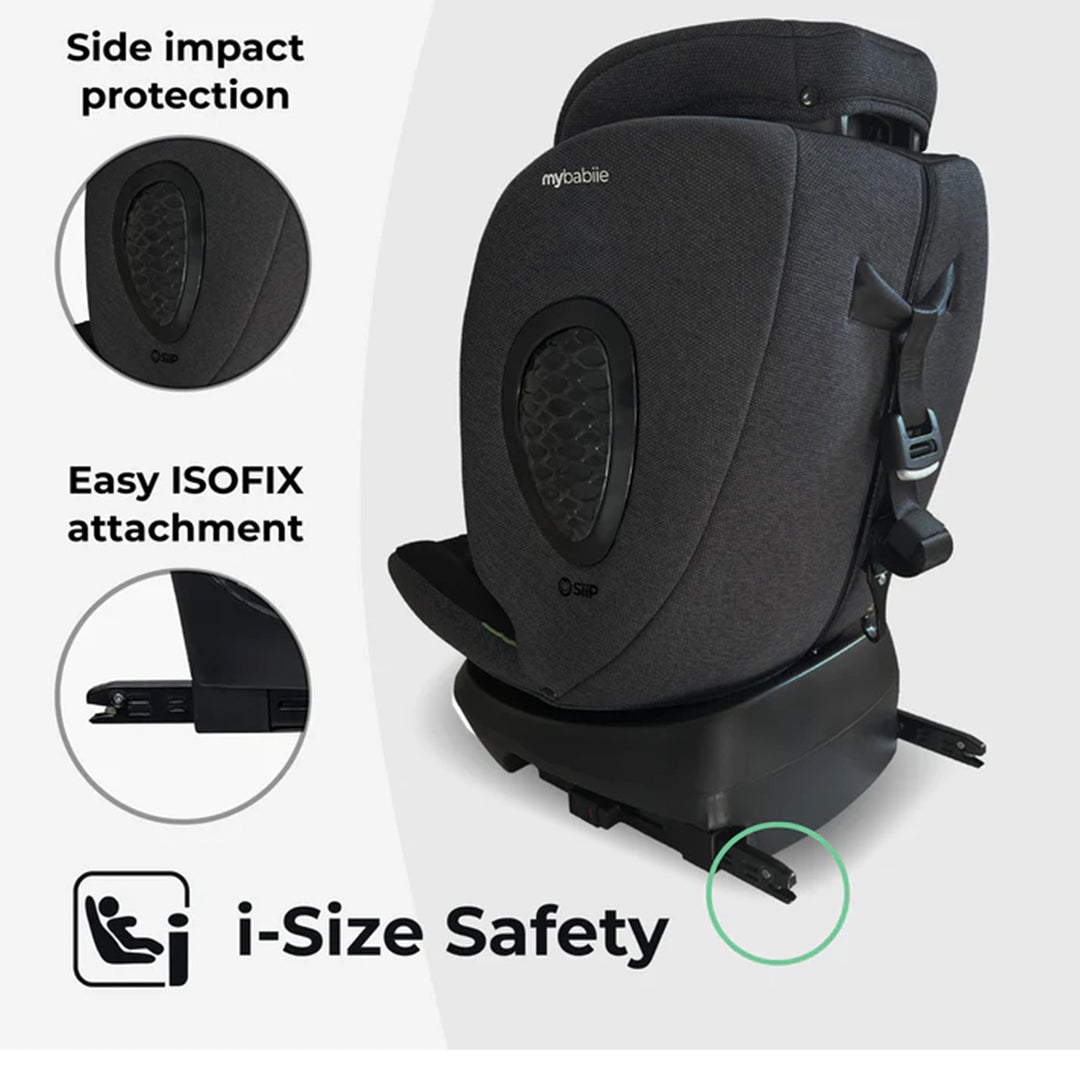 Black child safety seat with features highlighted on a white background