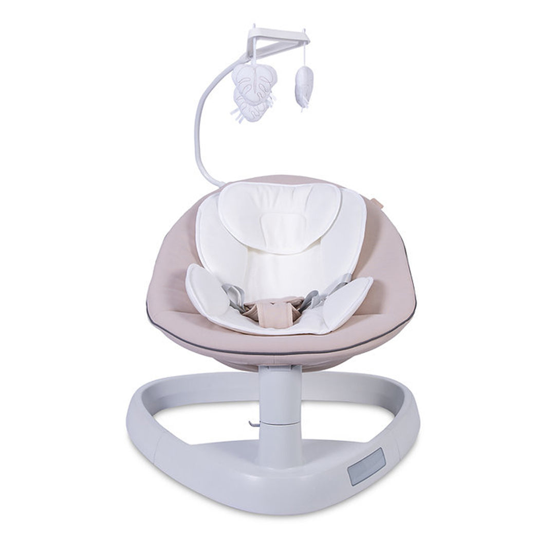 A Red Kite Swing Sway Bouncer with a beige padded seat, side-to-side swaying base, and a toy bar with soft hanging toys.