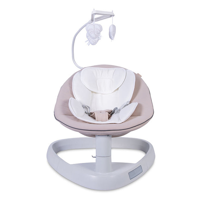 A Red Kite Swing Sway Bouncer with a beige padded seat, side-to-side swaying base, and a toy bar with soft hanging toys.