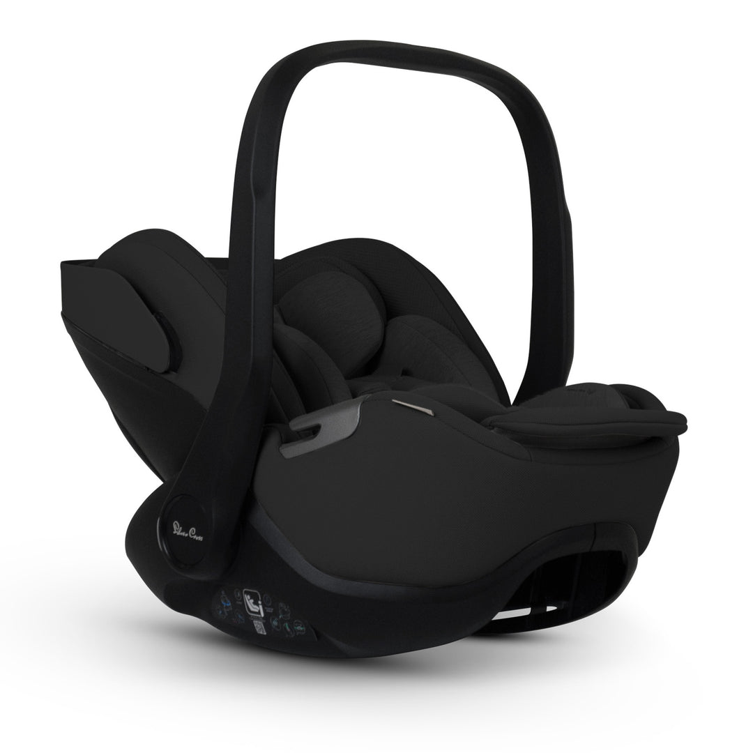 A black Silver Cross Plus i-Size Car Seat, a Red Dot award winner for 2025, designed for children from birth up to 19.5 kg, with dual functionality and a unique inner seat recline system.