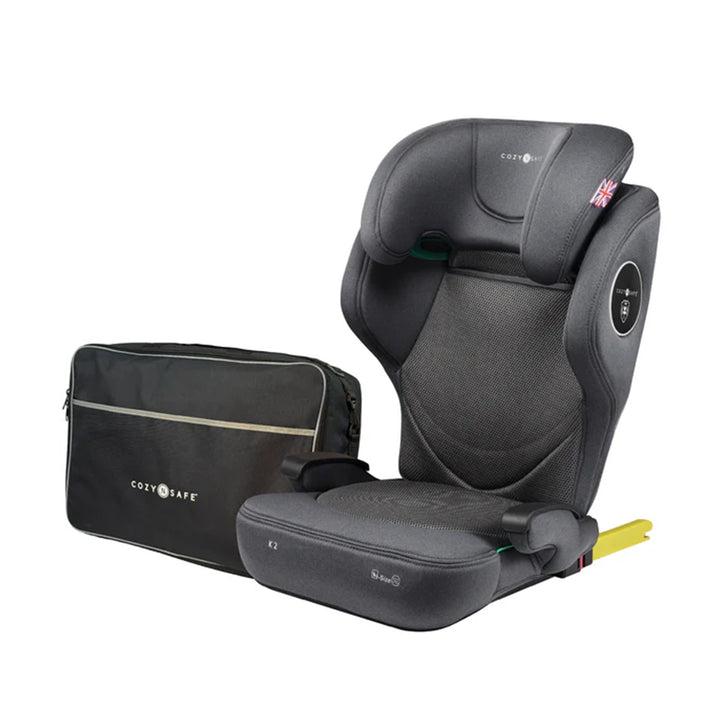 Child car seat and travel bag with ColySafe branding on a white background