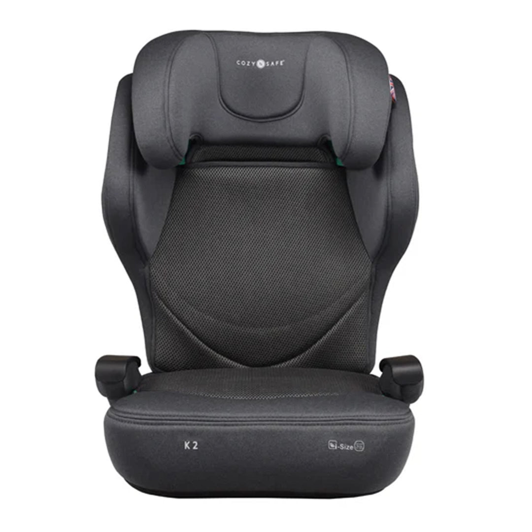 Black car seat with 'Cozy Safe' branding on a white background
