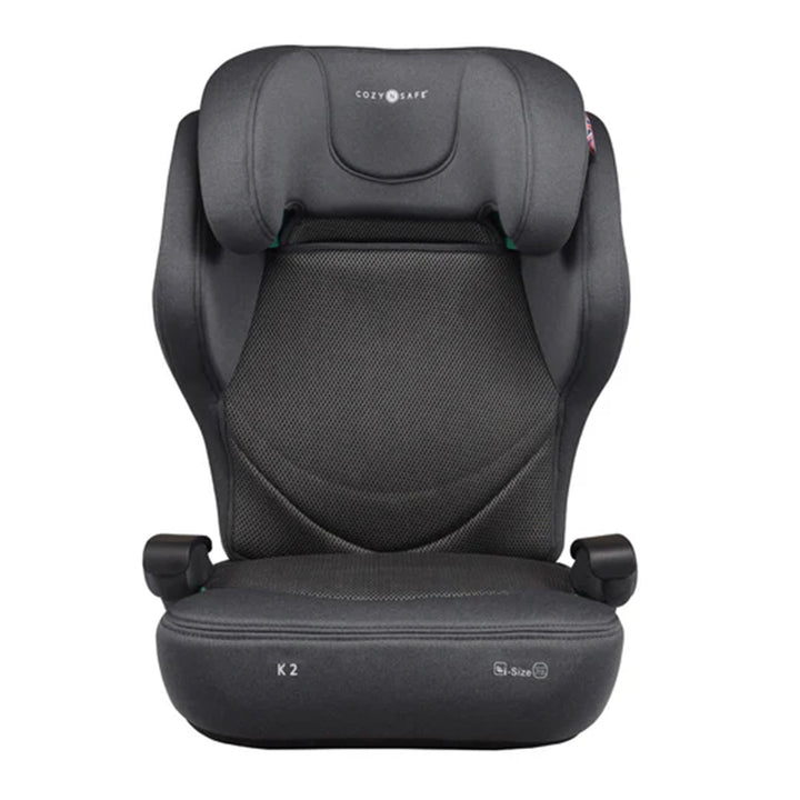 Black car seat with 'Cozy Safe' branding on a white background