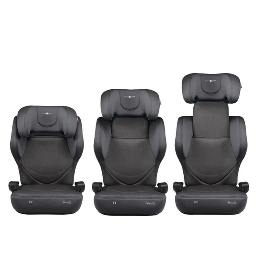Three black car seat products on a white background