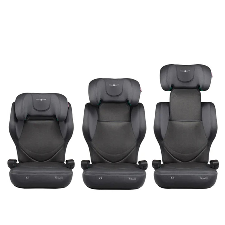 Three black car seat products on a white background