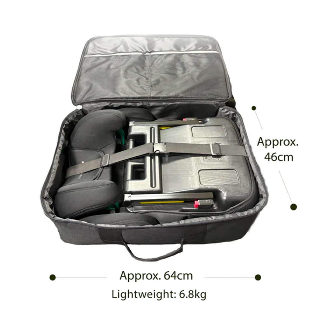 Car seat in a travel bag with dimensions and weight information.
