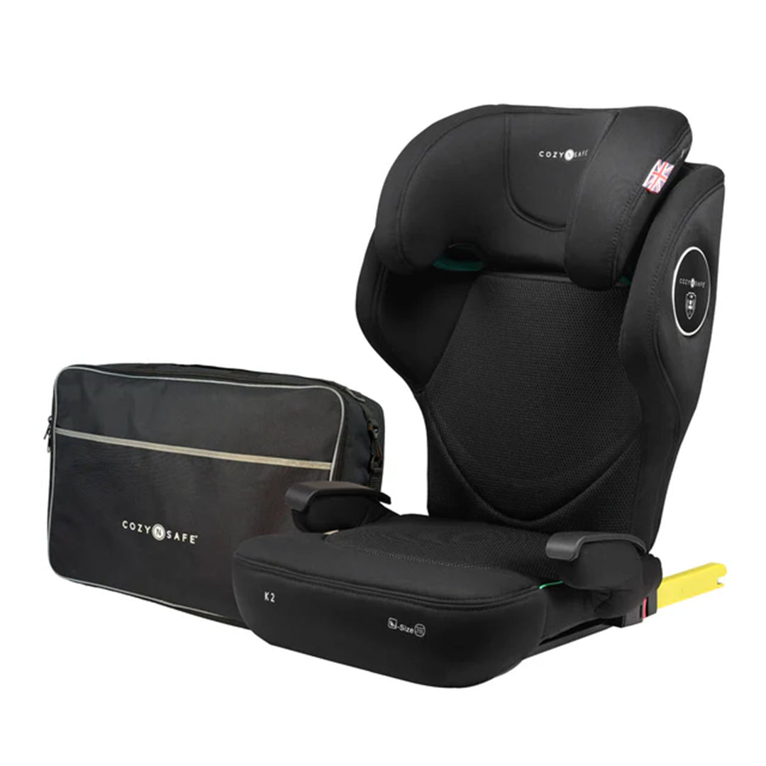 Black child car seat with a matching bag on a white background