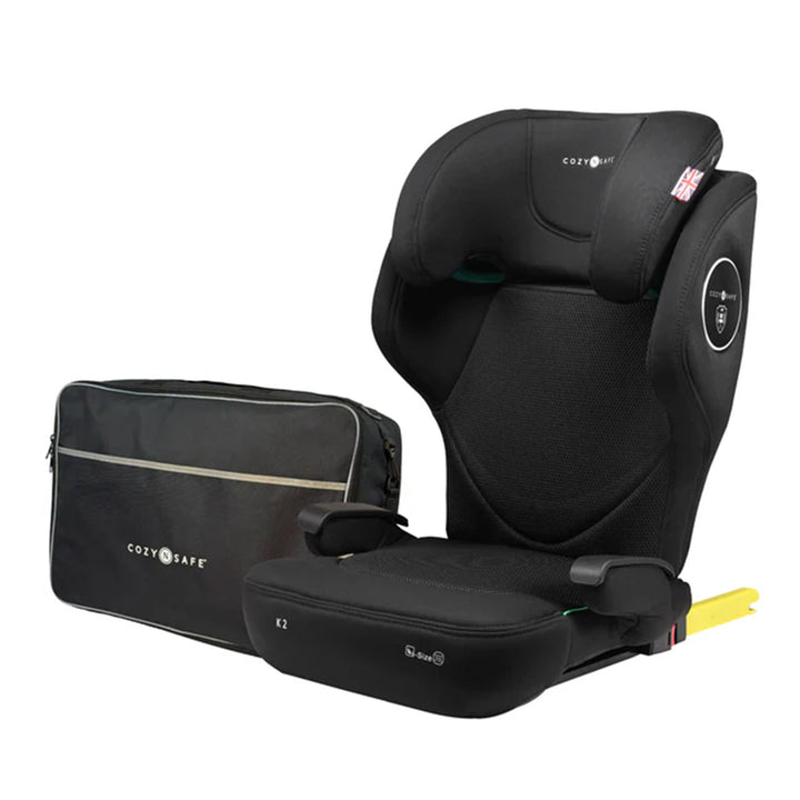 Black child car seat with a matching bag on a white background