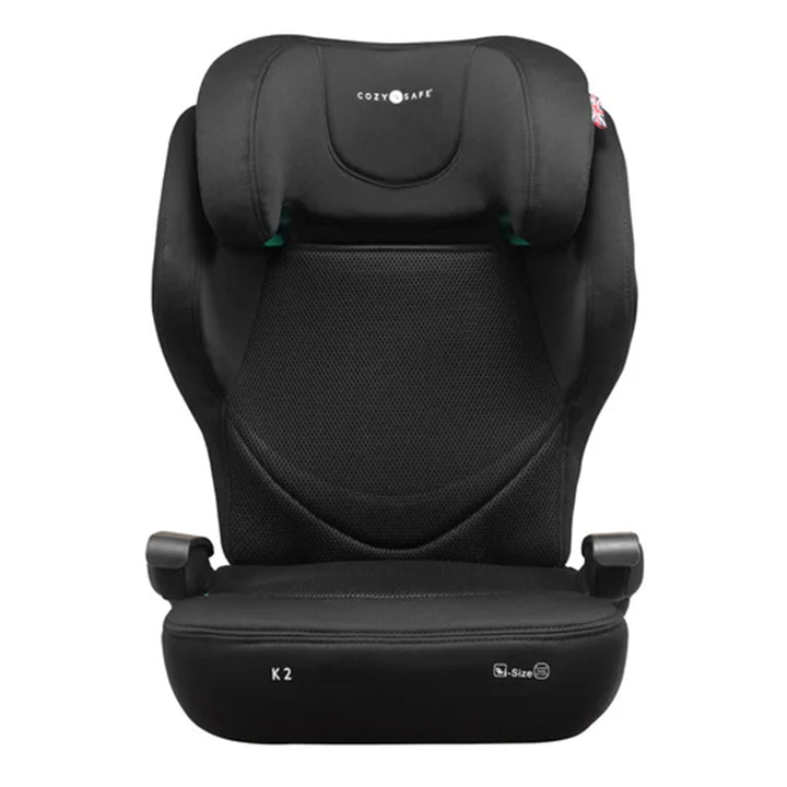 Black child car seat with 'Cozy Safe' branding on a white background