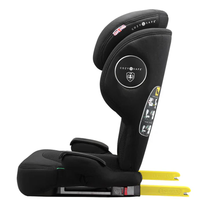 Black and yellow car seat with Cozy Safe branding on a white background